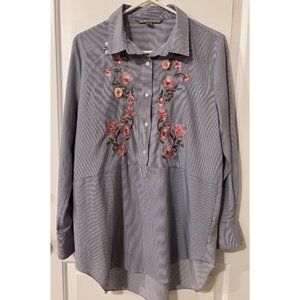 Valerie Stevens Women 100% Polyester Blouse Tunic Floral Embroidery Striped Sz L